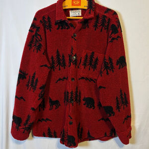 True Grit Sherpa Button Front Jacket Red Black Bear Cabin Lodge Oversized